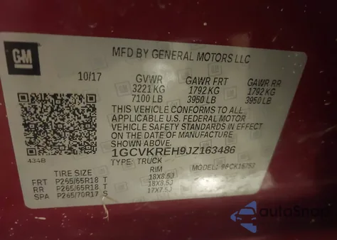 2018 Chevrolet Silverado 1500 1Lt из США, поврежденный, VIN 1GCVKREH9JZ163486